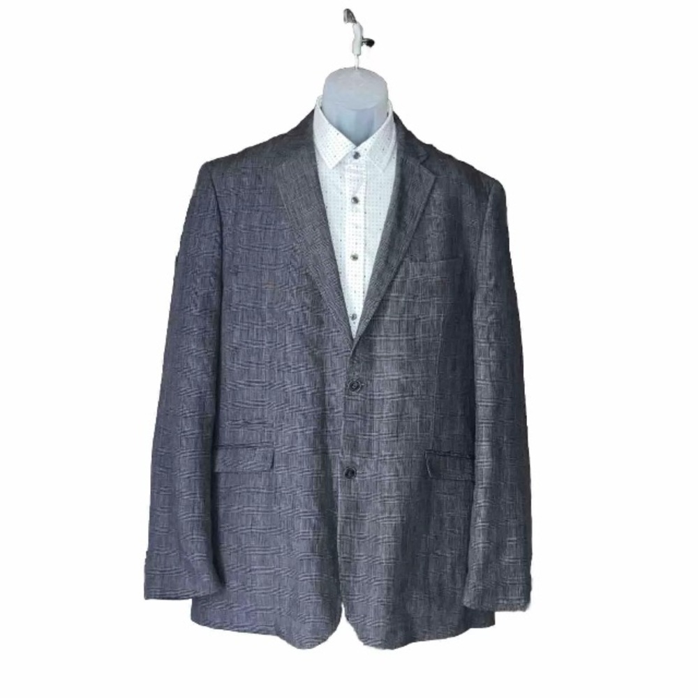 Joseph Abboud Linen Blazer Lined Vented Plaid Black Grey Notch Lapel Mens XLT